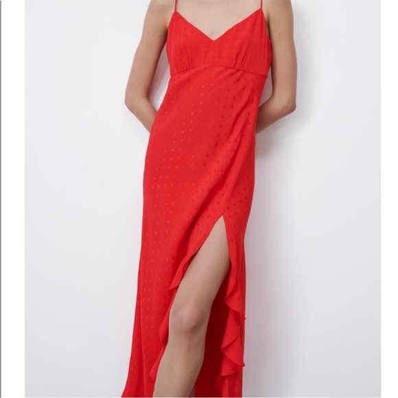 ZARA NEW JACQUARD DOTTED SLIP DRESS RUFFLE TRIM RED SIDE SLIT XL - Picture 5 of 12